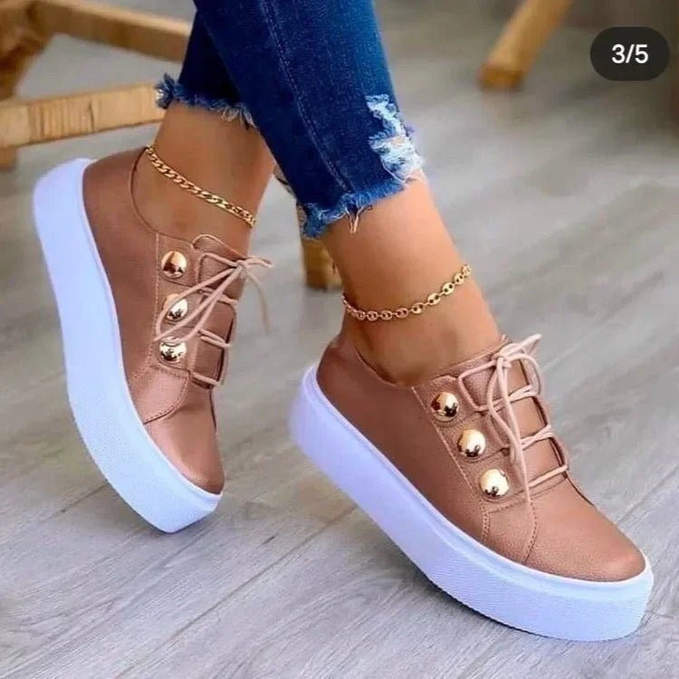 Women's Orthopedic Platform Lace-Up Gold-Stud Trainers - Side Angle | Lavisa
