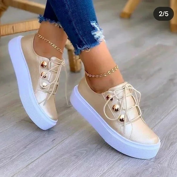 Women's Orthopedic Platform Lace-Up Gold-Stud Trainers - Close-Up Texture & Detail | Lavisa