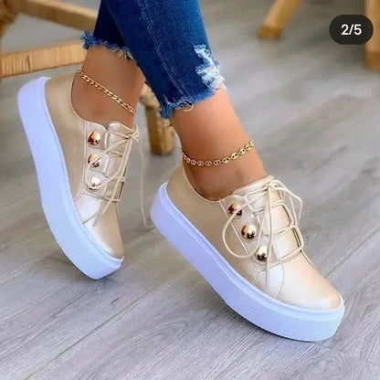 Women's Orthopedic Platform Lace-Up Gold-Stud Trainers - Close-Up Texture & Detail | Lavisa