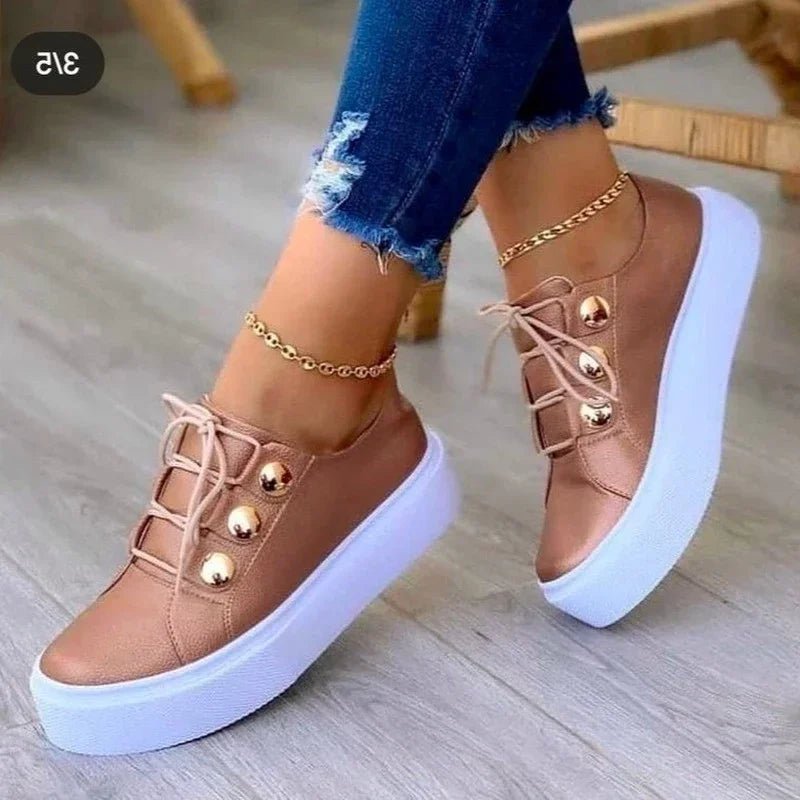 Women's Orthopedic Platform Lace-Up Gold-Stud Trainers - Sole & Material View | Lavisa