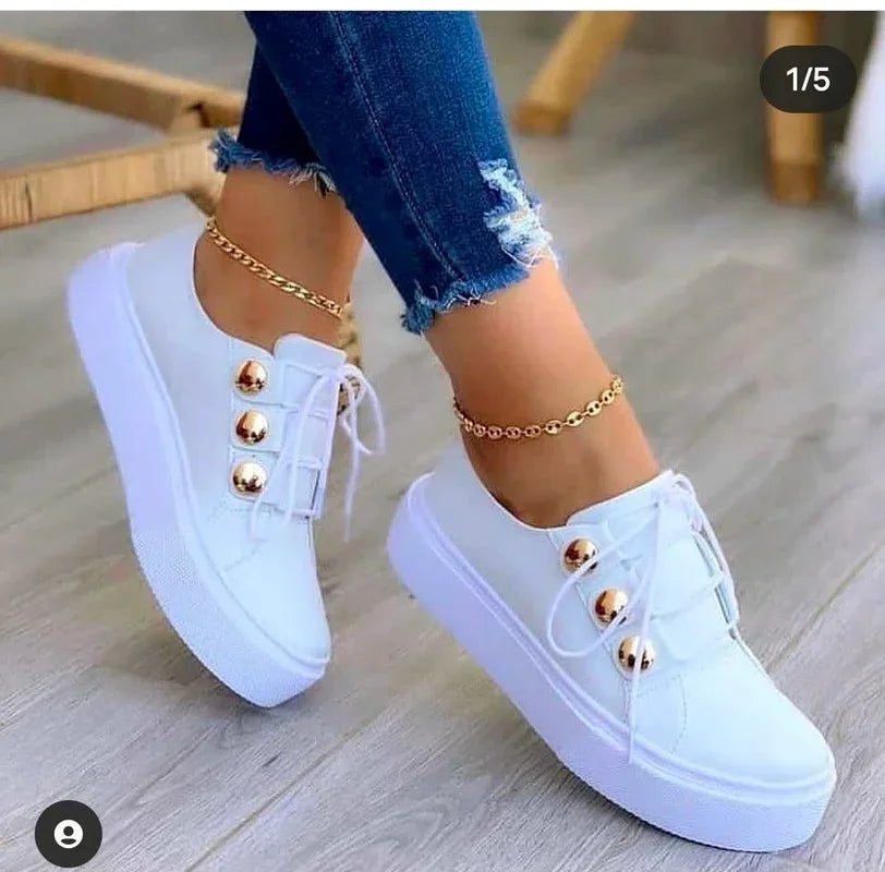 Women's Orthopedic Platform Lace-Up Gold-Stud Trainers - Lifestyle & Model Angle | Lavisa