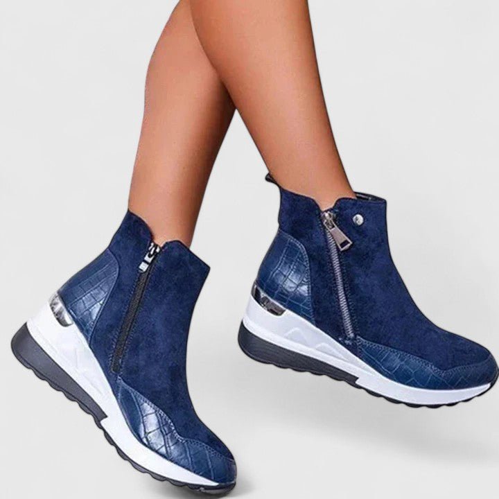 Women's Orthopedic Wedge Ankle Boots Zip-Up Croc-Panel Trainers - Back View | Lavisa