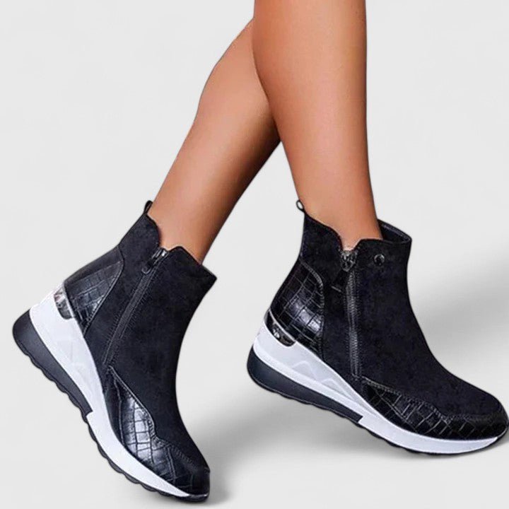 Women's Orthopedic Wedge Ankle Boots Zip-Up Croc-Panel Trainers - Sole & Material View | Lavisa