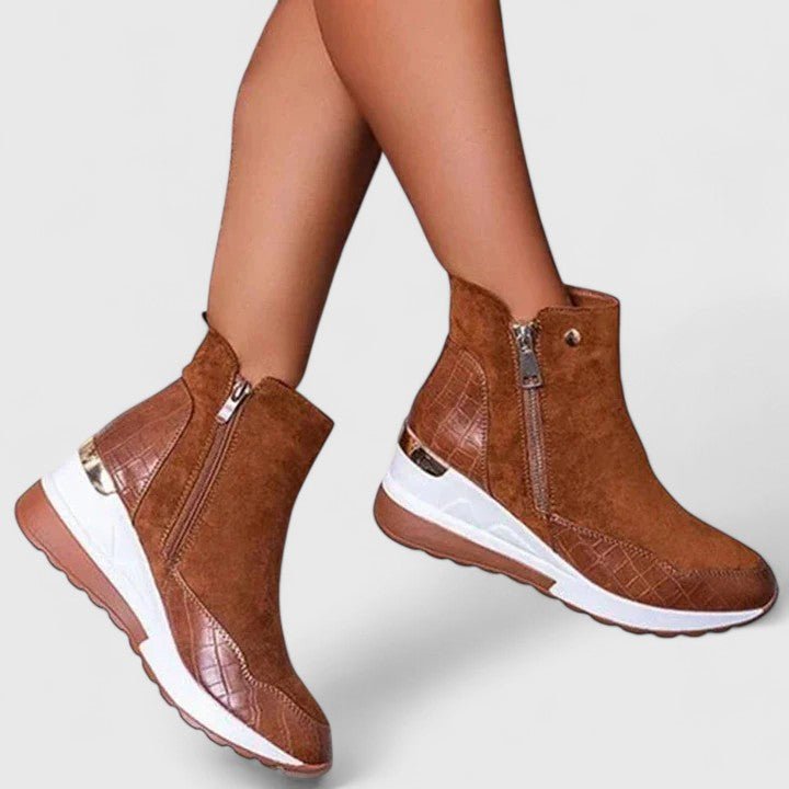 Women's Orthopedic Wedge Ankle Boots Zip-Up Croc-Panel Trainers - Lifestyle & Model Angle | Lavisa