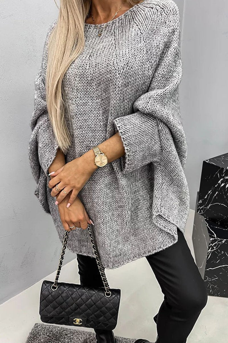 Women's Oversized Batwing-Sleeve Round-Neck Knit Sweater - Side Angle | Lavisa