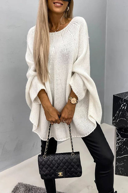 Women's Oversized Batwing-Sleeve Round-Neck Knit Sweater - Back View | Lavisa