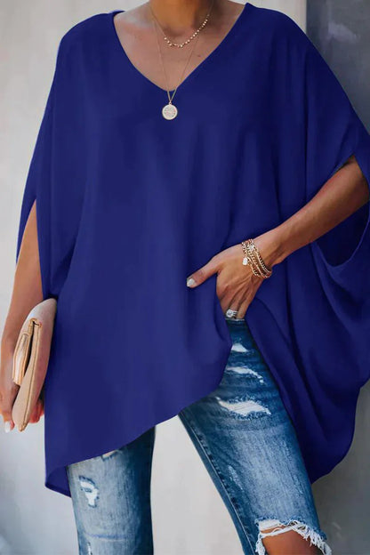 Women's Oversized Batwing-Sleeve V-Neck Tunic Top - Close-Up Texture & Detail | Lavisa