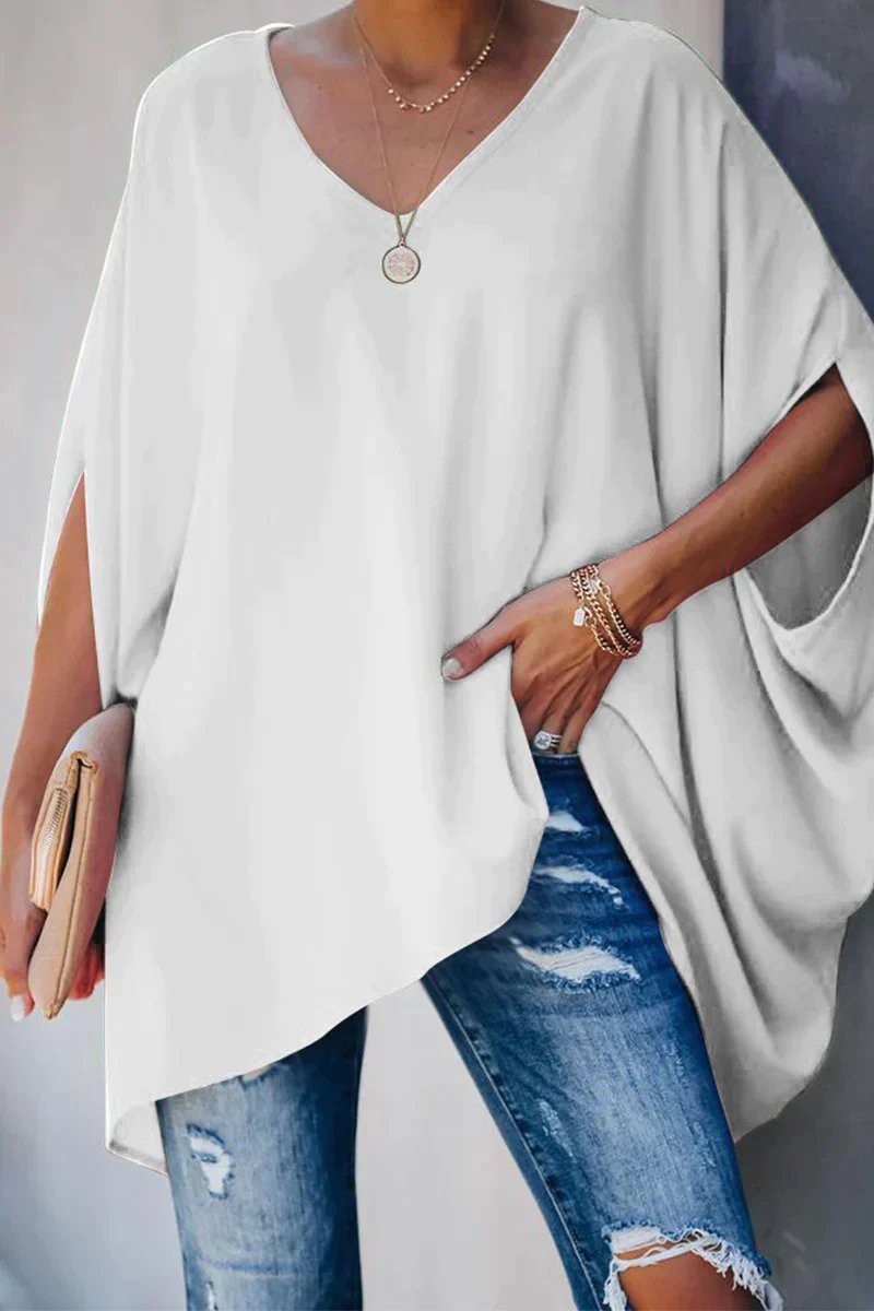 Women's Oversized Batwing-Sleeve V-Neck Tunic Top - Sole & Material View | Lavisa