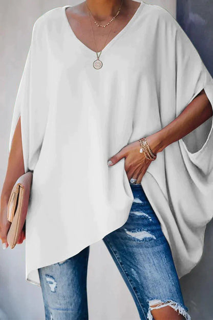 Women's Oversized Batwing-Sleeve V-Neck Tunic Top - Sole & Material View | Lavisa