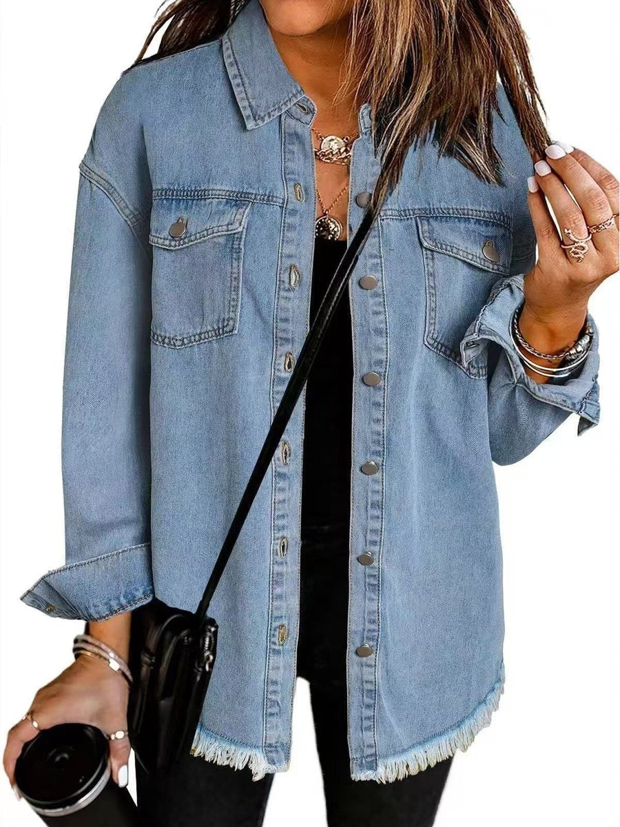 Womens Oversized Longline Denim Jacket - Side Angle | Lavisa