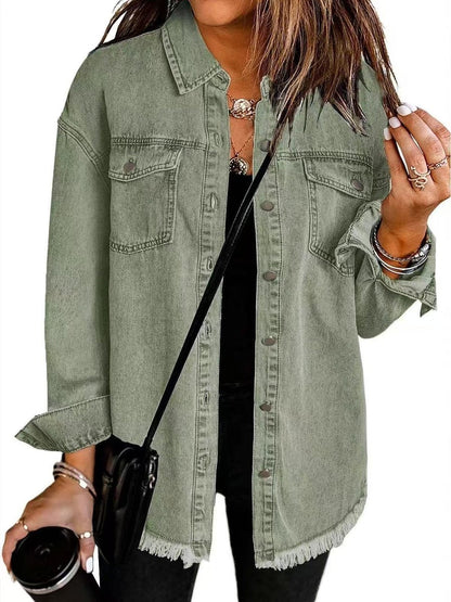 Womens Oversized Longline Denim Jacket - Close-Up Texture & Detail | Lavisa