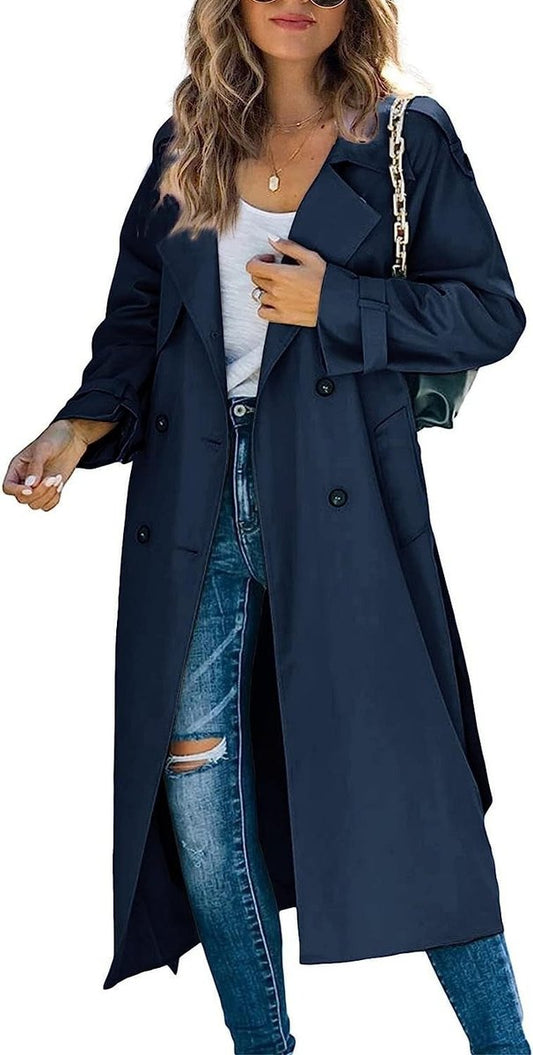 Lavisa - Women's Oversized Double-Breasted Belted Longline Trench Coat