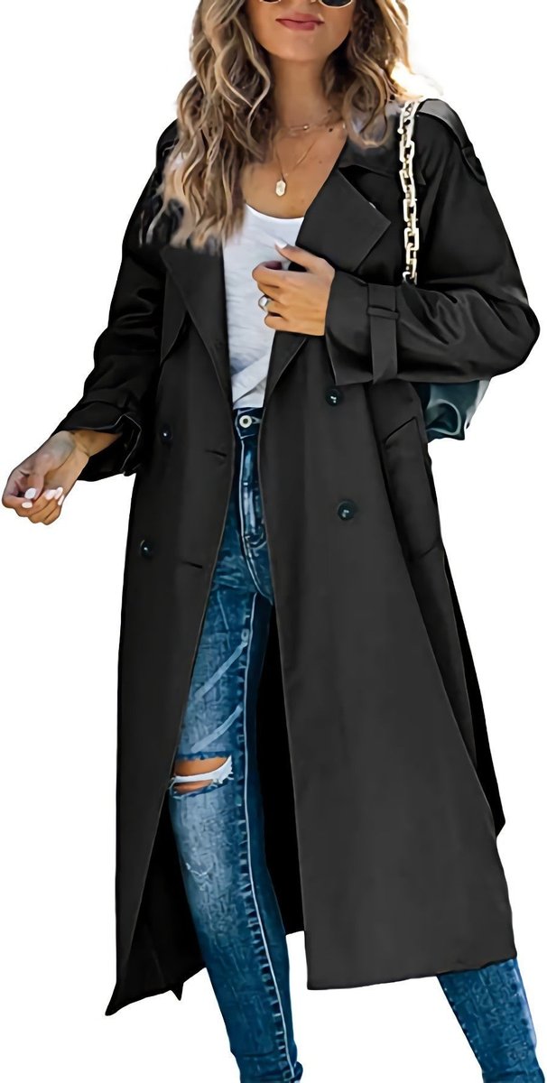 Women's Oversized Double-Breasted Belted Longline Trench Coat - Side Angle | Lavisa