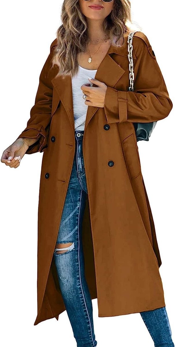 Women's Oversized Double-Breasted Belted Longline Trench Coat - Back View | Lavisa