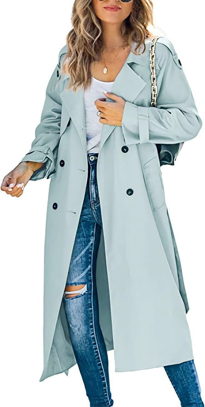 Women's Oversized Double-Breasted Belted Longline Trench Coat - Close-Up Texture & Detail | Lavisa