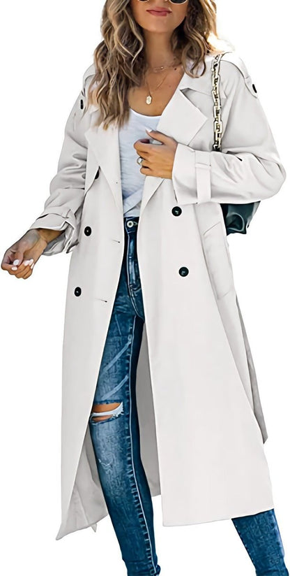 Women's Oversized Double-Breasted Belted Longline Trench Coat - Sole & Material View | Lavisa