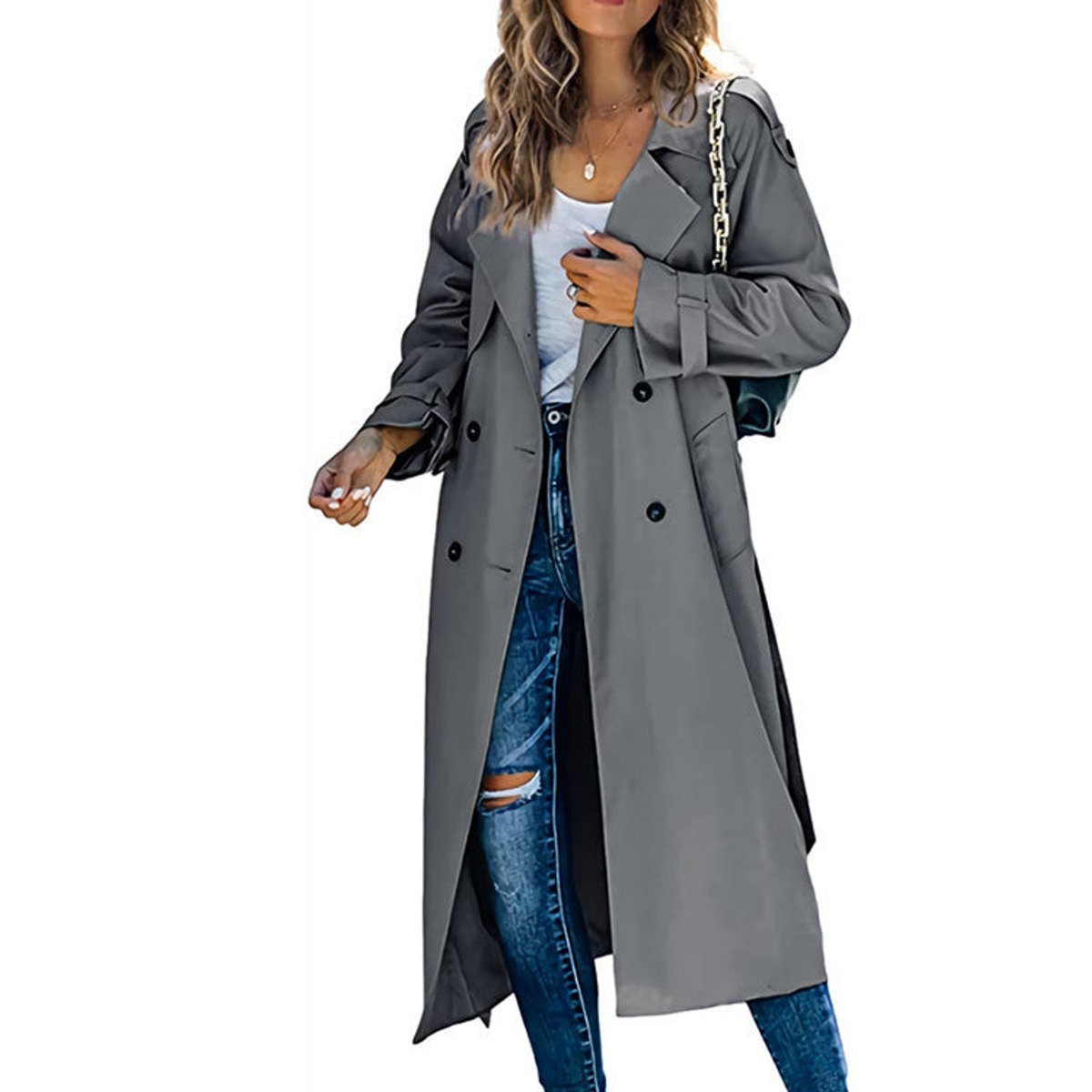 Women's Oversized Double-Breasted Belted Longline Trench Coat - Variant Angle | Lavisa