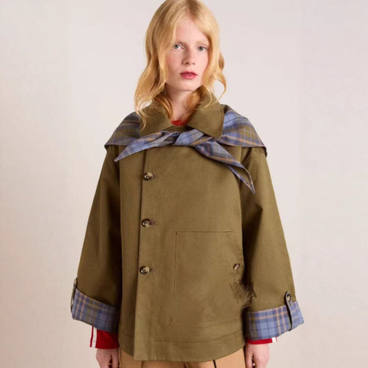 Lavisa - Women's Oversized Double-Breasted Trench Coat Tartan-Lined Collar