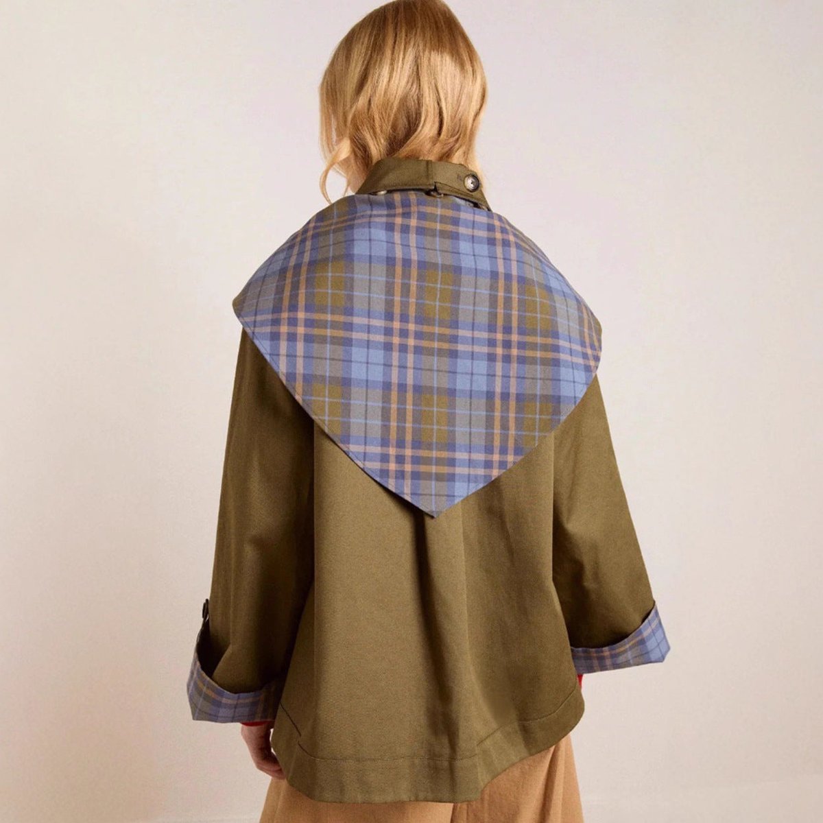 Women's Oversized Double-Breasted Trench Coat Tartan-Lined Collar - Side Angle | Lavisa