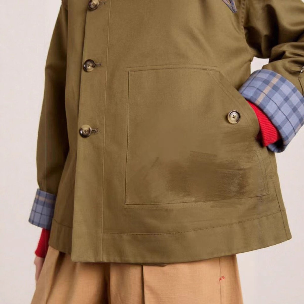 Women's Oversized Double-Breasted Trench Coat Tartan-Lined Collar - Back View | Lavisa