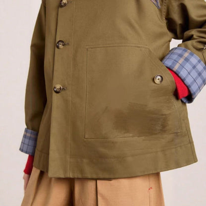 Women's Oversized Double-Breasted Trench Coat Tartan-Lined Collar - Back View | Lavisa