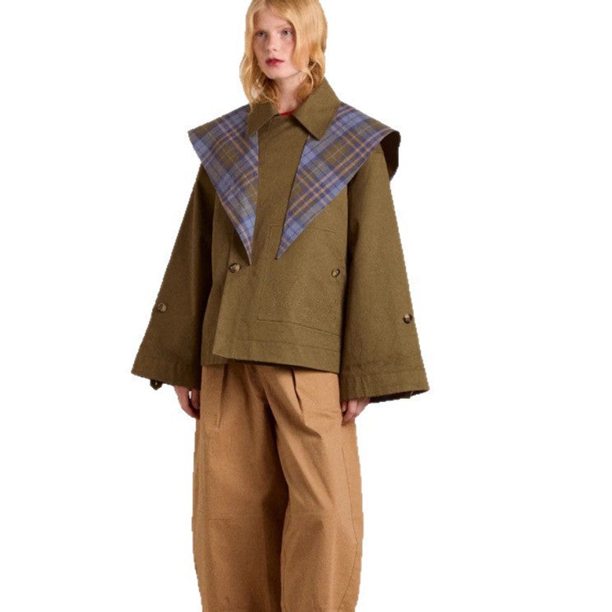 Women's Oversized Double-Breasted Trench Coat Tartan-Lined Collar - Sole & Material View | Lavisa