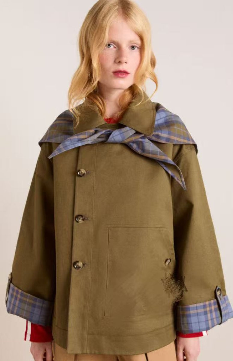Women's Oversized Double-Breasted Trench Coat Tartan-Lined Collar - Lifestyle & Model Angle | Lavisa