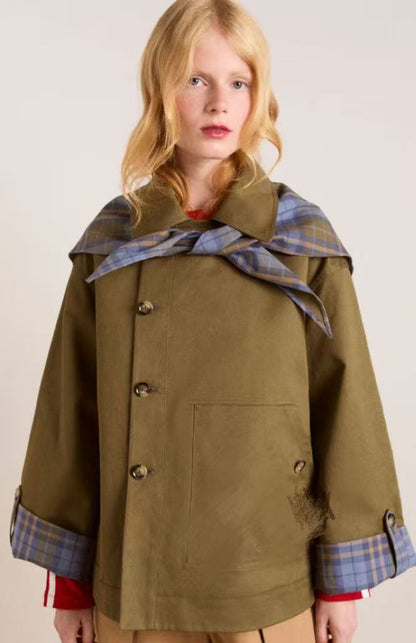 Women's Oversized Double-Breasted Trench Coat Tartan-Lined Collar - Lifestyle & Model Angle | Lavisa