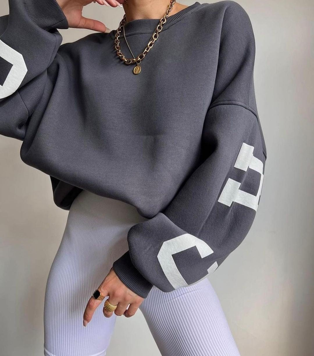 Women's Oversized Fleece-Lined Varsity Sleeve Crewneck Jumper - Back View | Lavisa