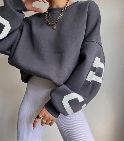 Women's Oversized Fleece-Lined Varsity Sleeve Crewneck Jumper - Back View | Lavisa