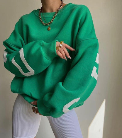 Women's Oversized Fleece-Lined Varsity Sleeve Crewneck Jumper - Variant Angle | Lavisa
