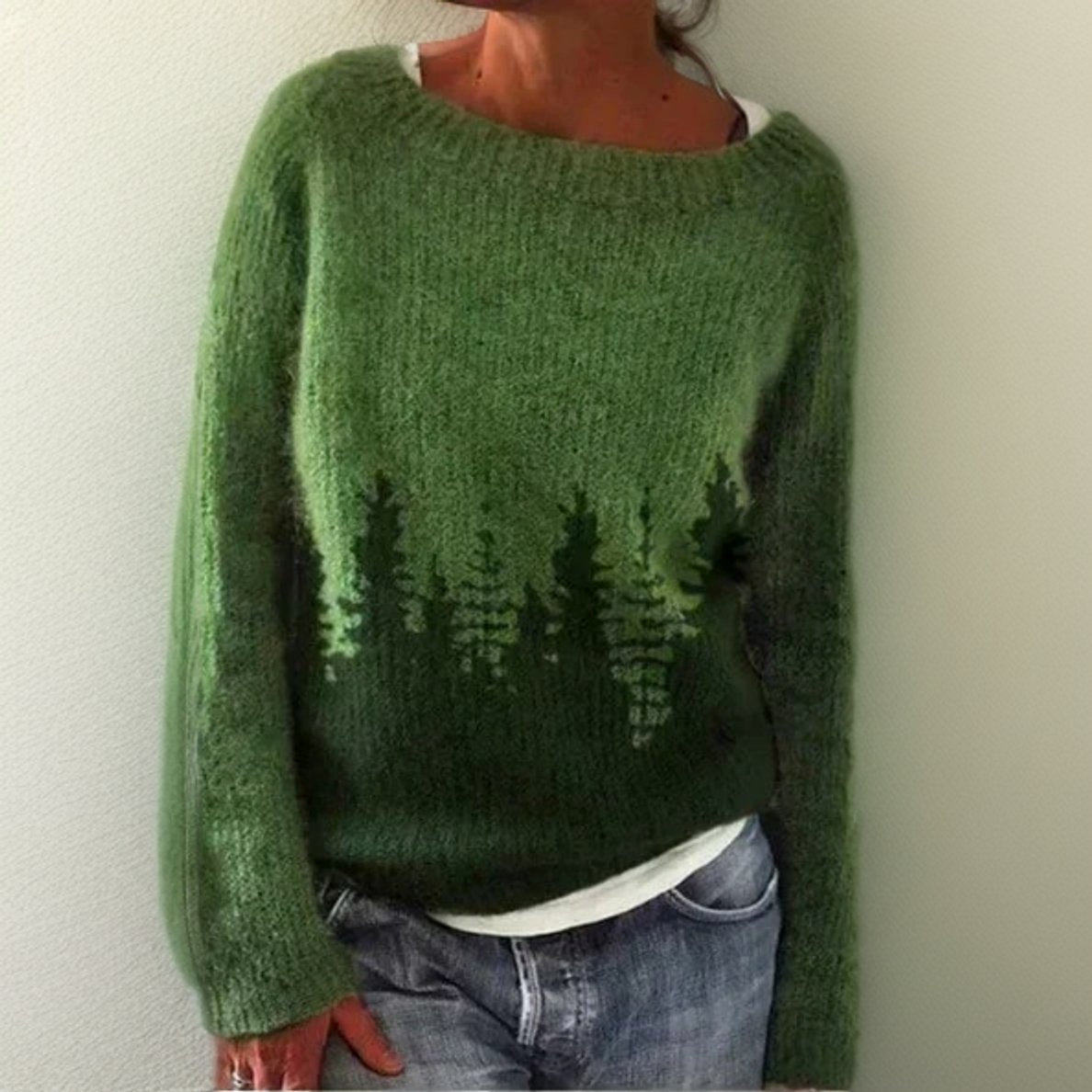 Lavisa - Women's Oversized Forest Print Knit Sweater Round Neck Jumper
