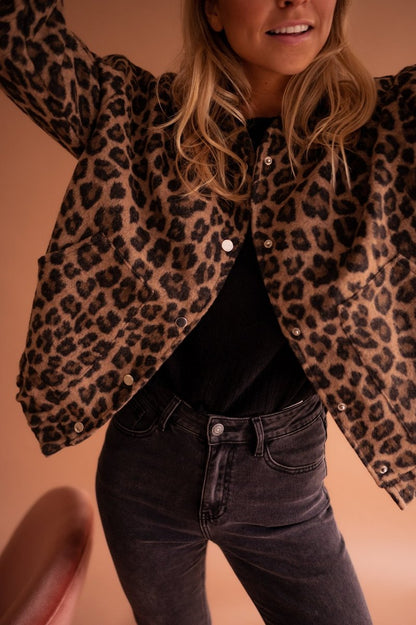 Womens Oversized Leopard Print Quilted Jacket - Side Angle | Lavisa