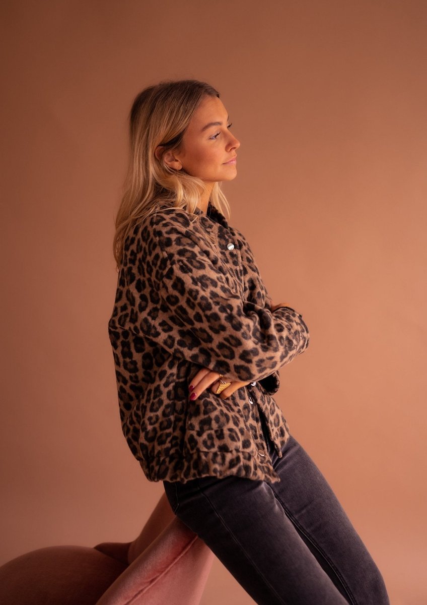 Womens Oversized Leopard Print Quilted Jacket - Lifestyle & Model Angle | Lavisa