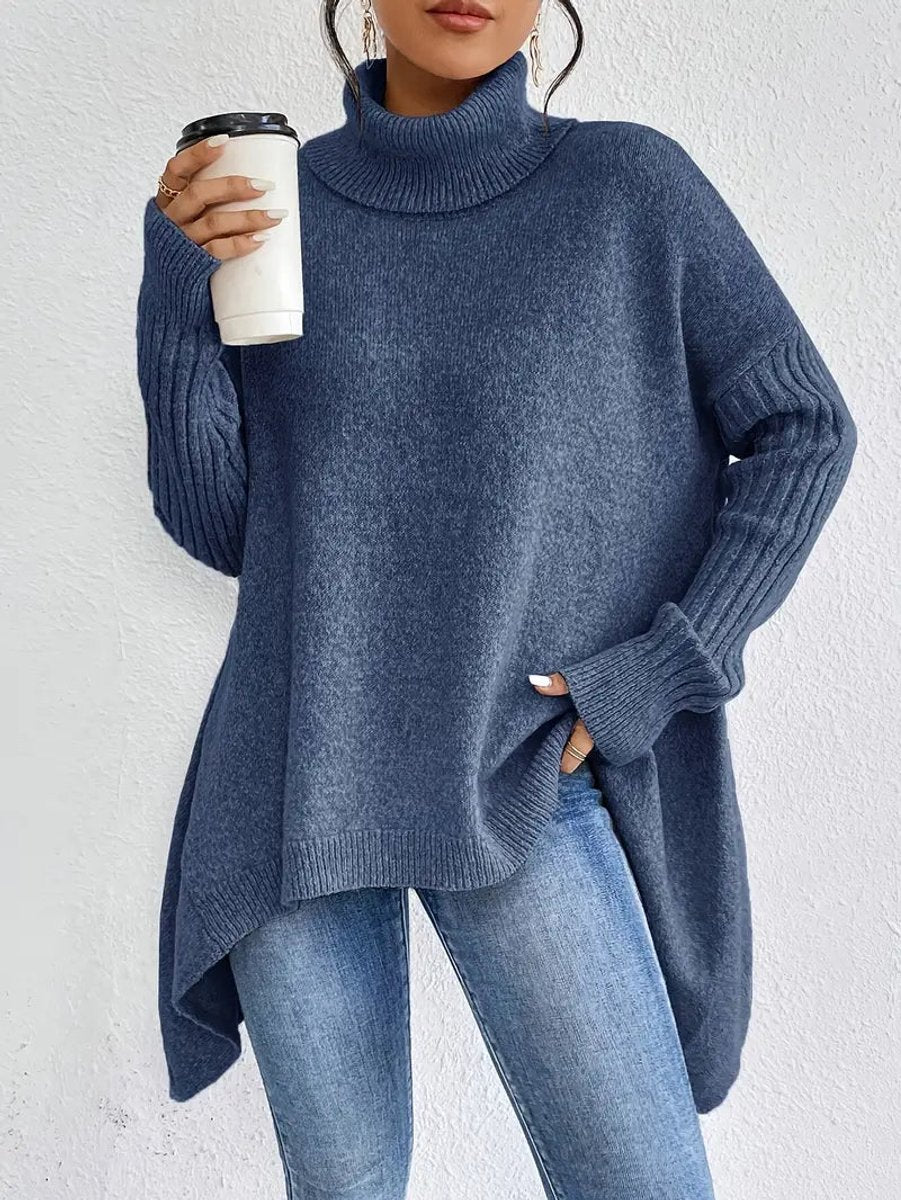 Women's Oversized Longline Ribbed Turtleneck Sweater - Front View | Lavisa