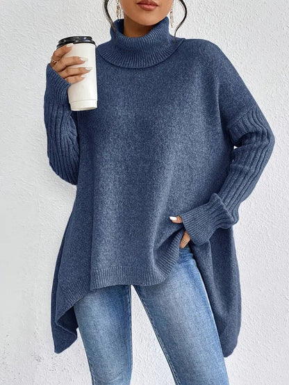 Women's Oversized Longline Ribbed Turtleneck Sweater - Front View | Lavisa
