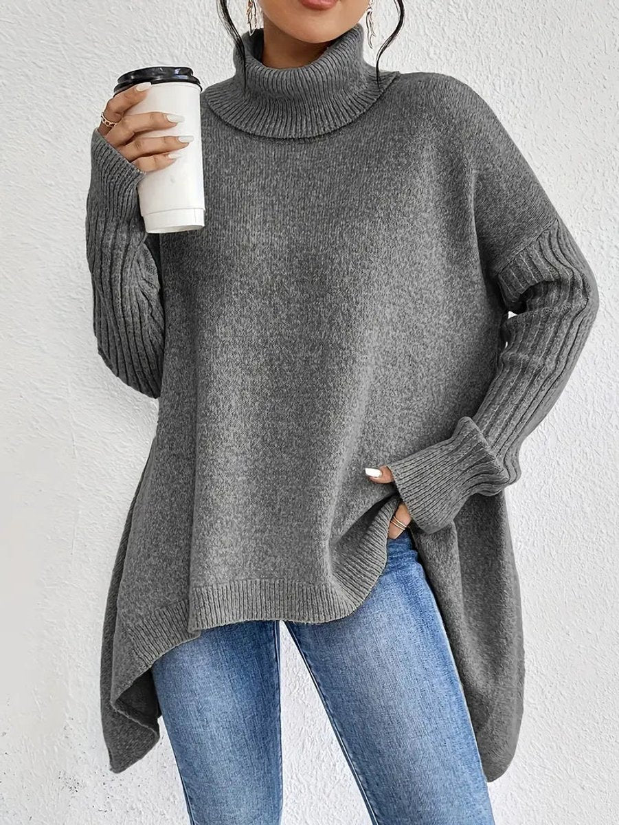 Women's Oversized Longline Ribbed Turtleneck Sweater - Side Angle | Lavisa