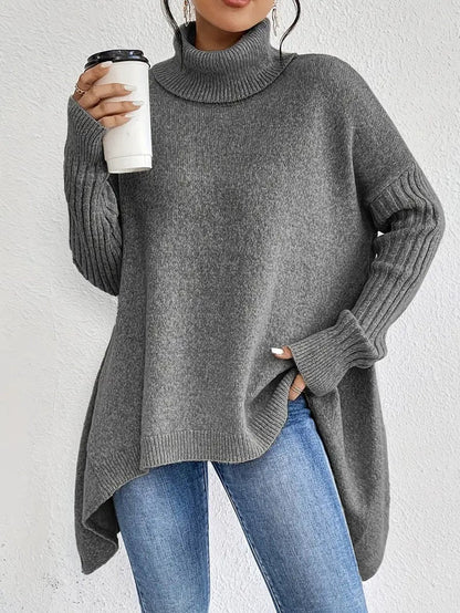 Women's Oversized Longline Ribbed Turtleneck Sweater - Side Angle | Lavisa