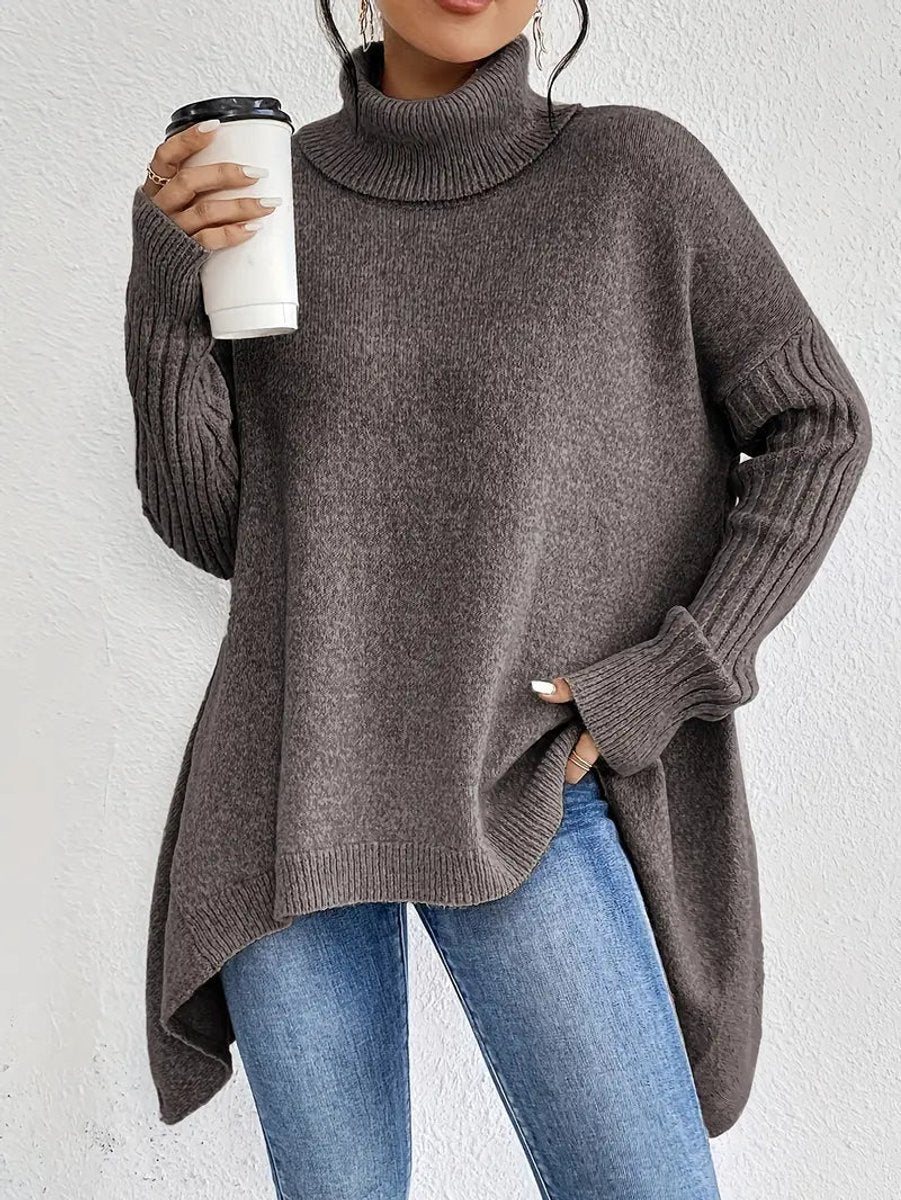 Women's Oversized Longline Ribbed Turtleneck Sweater - Back View | Lavisa