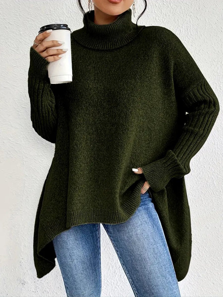 Women's Oversized Longline Ribbed Turtleneck Sweater - Close-Up Texture & Detail | Lavisa