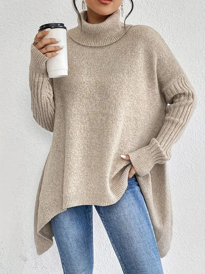 Women's Oversized Longline Ribbed Turtleneck Sweater - Sole & Material View | Lavisa
