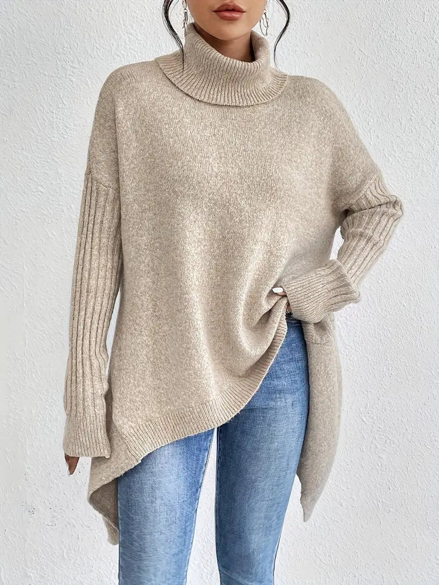 Women's Oversized Longline Ribbed Turtleneck Sweater - Lifestyle & Model Angle | Lavisa