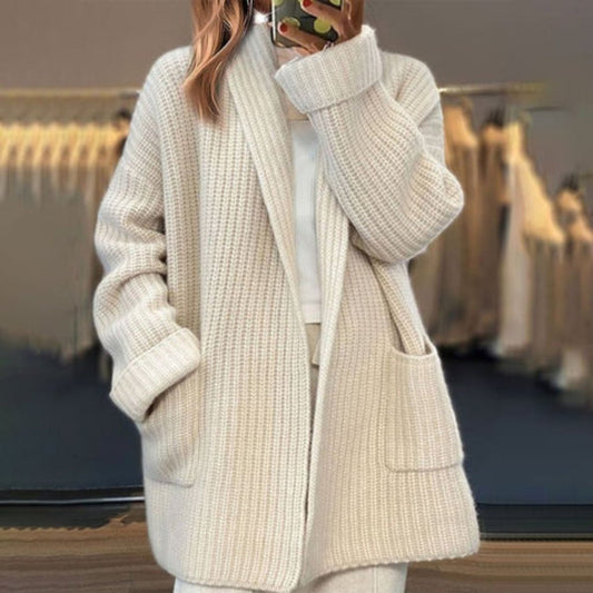 Lavisa - Women's Oversized Open-Front Knitted Cardigan Scarf Detail