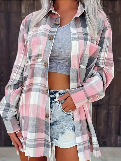 Women's Oversized Plaid Flannel Long Sleeve Button-Up Shirt - Side Angle | Lavisa