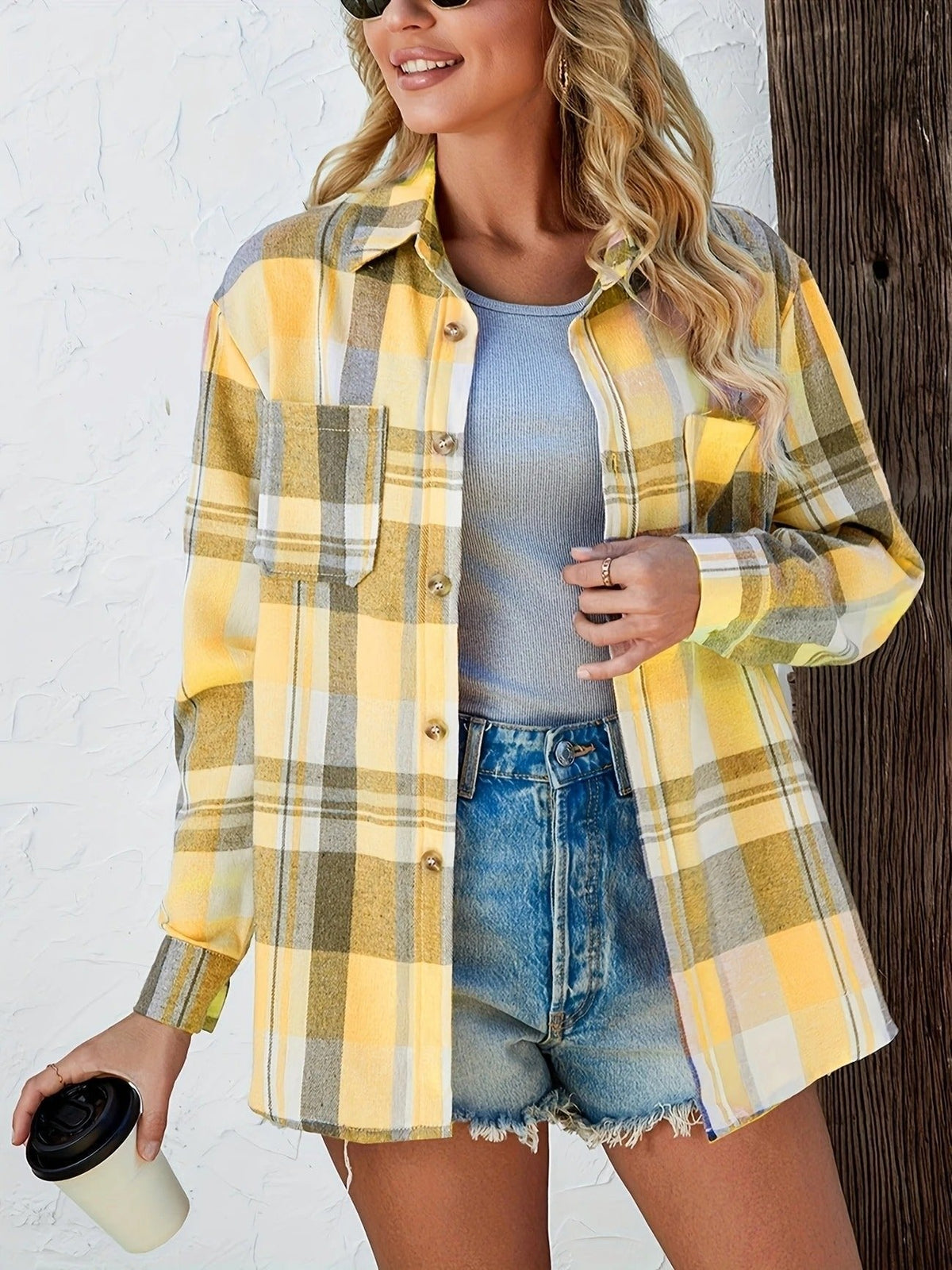 Women's Oversized Plaid Flannel Long Sleeve Button-Up Shirt - Variant Style 10 | Lavisa