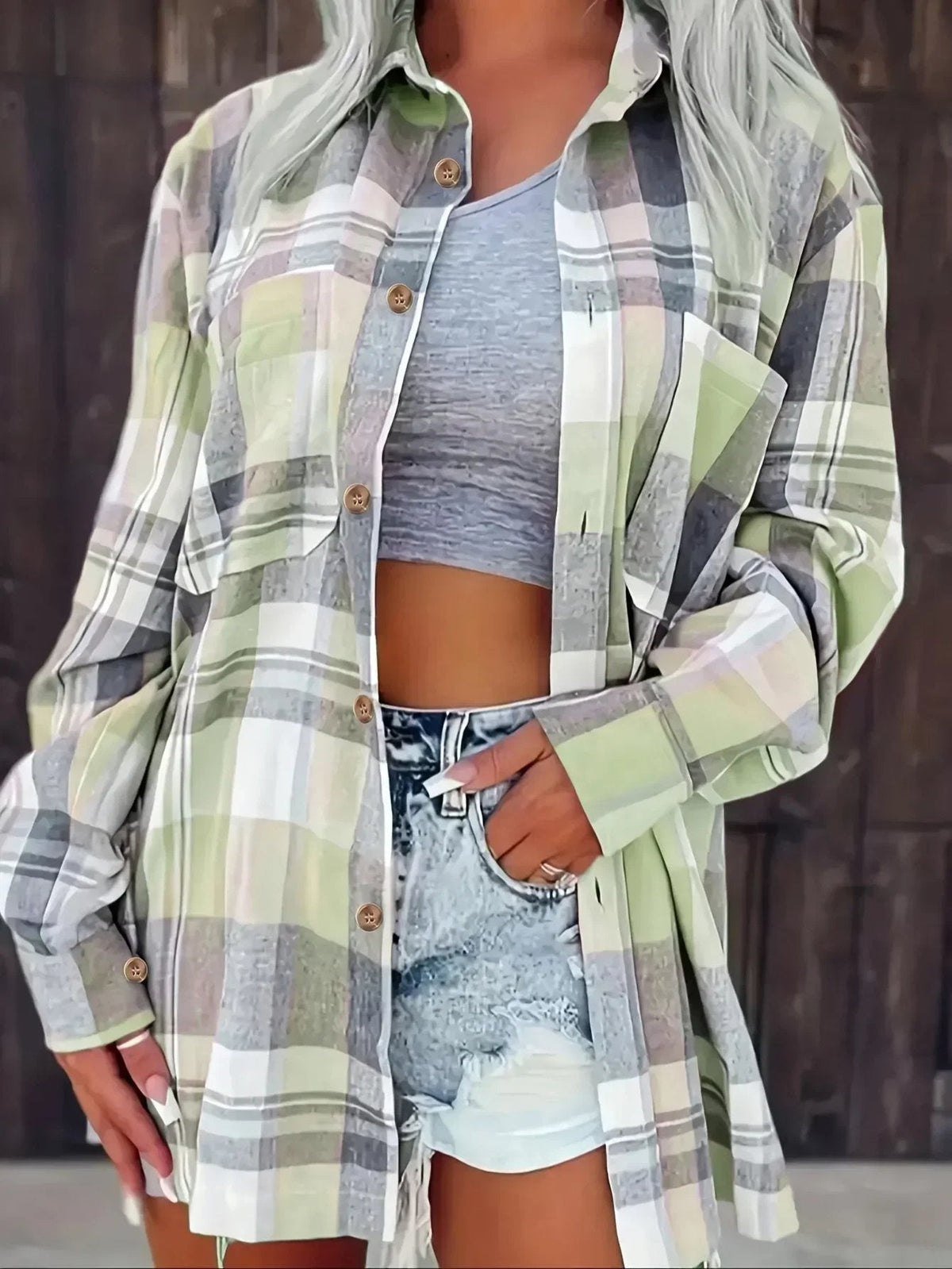 Women's Oversized Plaid Flannel Long Sleeve Button-Up Shirt - Variant Style 12 | Lavisa