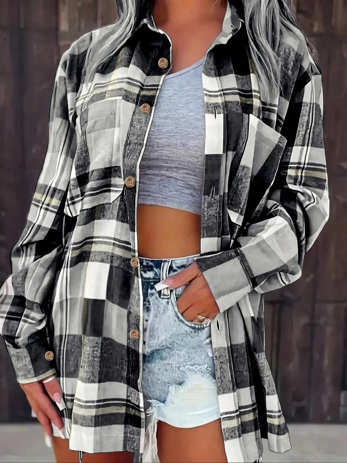 Women's Oversized Plaid Flannel Long Sleeve Button-Up Shirt - Variant Style 14 | Lavisa