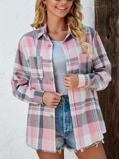 Women's Oversized Plaid Flannel Long Sleeve Button-Up Shirt - Back View | Lavisa