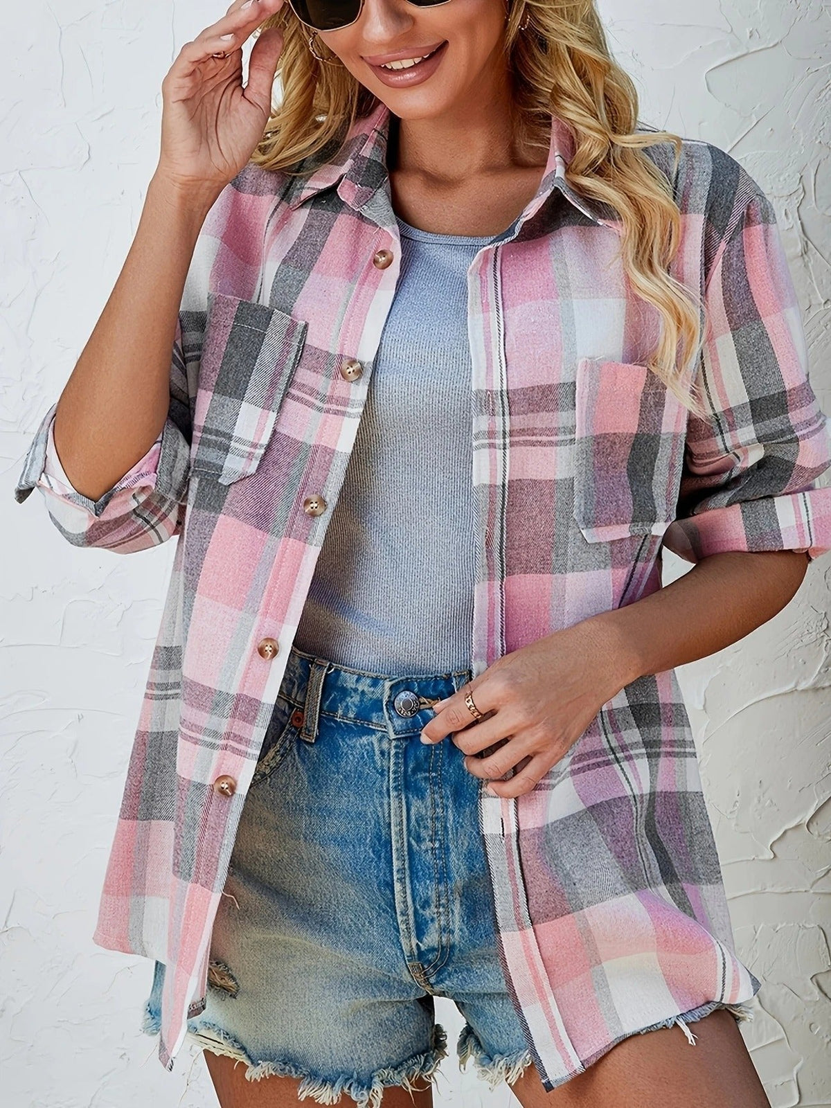 Women's Oversized Plaid Flannel Long Sleeve Button-Up Shirt - Close-Up Texture & Detail | Lavisa