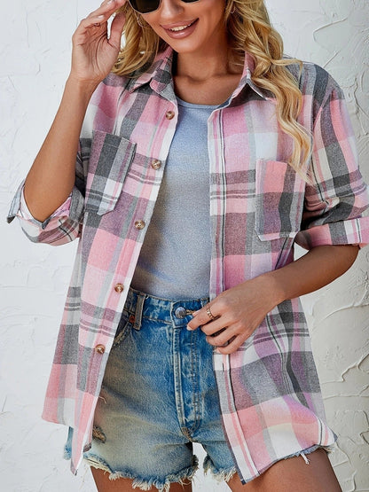 Women's Oversized Plaid Flannel Long Sleeve Button-Up Shirt - Close-Up Texture & Detail | Lavisa